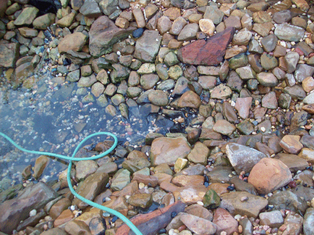 Hydrogen sulfide stain on stones that were under water and sludge.